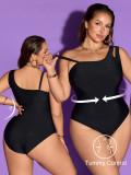 Black One-Shoulder High Stretch Quick-Dry Plus Size One-Piece Swimsuit
