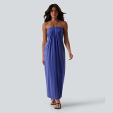 Summer Women's Sexy Strapless Low Back Halter Neck Solid Long Dress