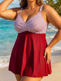 Plus Size Striped Multi-Color Dress Slim Fit Two-Piece Swimsuit
