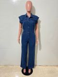 Elastic Waist Washed Denim Slim Fit Wide-Leg Jumpsuit