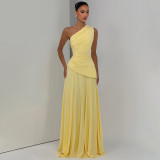 Slash Shoulder Slim Waist Ruched Ball Gown Long Dress
