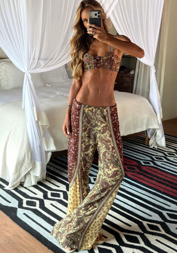 Women's Print Strap Lace-Up Cutout High-Slit Two-Piece Bikini Swimsuit
