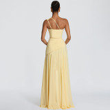 Slash Shoulder Slim Waist Ruched Ball Gown Long Dress