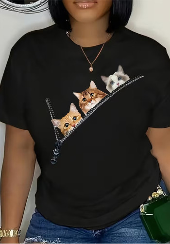 Women Summer Zipper Cat Print T-Shirt Casual Round Neck Short-Sleeve Top