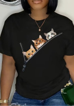 Women Summer Zipper Cat Print T-Shirt Casual Round Neck Short-Sleeve Top Women Summer Zipper Cat Print T-Shirt Casual Round Neck Short-Sleeve Top
