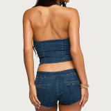 Women Summer Denim Button-Up Sexy Halter Neck Tank Top and Shorts Two-Piece Set