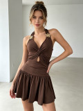 Women Halter Neck Sexy V Neck Knot Hollowed-out Metal Jewelry Ruffle Dress