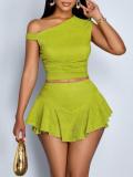 Women Casual Sexy Off-Shoulder Top and Asymmetrical Skirt Two-Piece Set