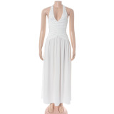 Women Holidays V-Neck Pleated Halter Neck Maxi Dress
