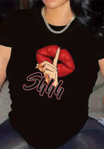 Women Red Lips Letter Print Casual Short-Sleeve Top T-Shirt