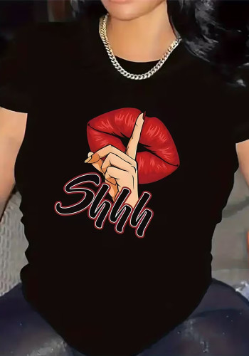 Women Red Lips Letter Print Casual Short-Sleeve Top T-Shirt