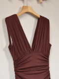 Women Summer Elegant V-Neck Sexy Sleeveless Knitting Slit Dress