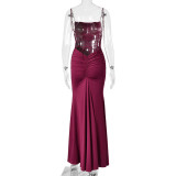 Women Elegant Spaghetti Strap Backless Off Shoulder Bodycon Mermaid Maxi Dress