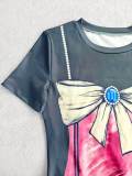 Women Bow Print Short-Sleeve Round Neck Sexy Slit Dress