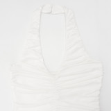 Women Holidays V-Neck Pleated Halter Neck Maxi Dress