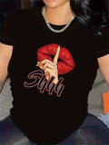 Women Red Lips Letter Print Casual Short-Sleeve Top T-Shirt