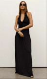 Women Holidays V-Neck Pleated Halter Neck Maxi Dress