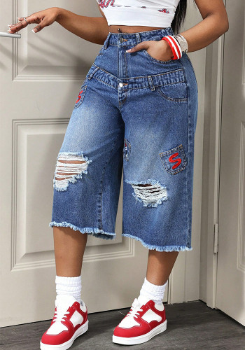 Women Casual Ripped Summer Denim Capri Pants
