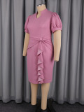Plus Size Women Pink Stand Collar Puff Sleeve Ruffle Maxi Bodycon Dress