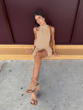 Women Summer Elegant Beige Halter Neck Sleeveless Mini Dress