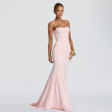 Women Elegant Spaghetti Strap Backless Off Shoulder Bodycon Mermaid Maxi Dress