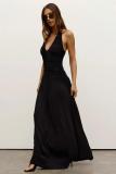 Women Holidays V-Neck Pleated Halter Neck Maxi Dress