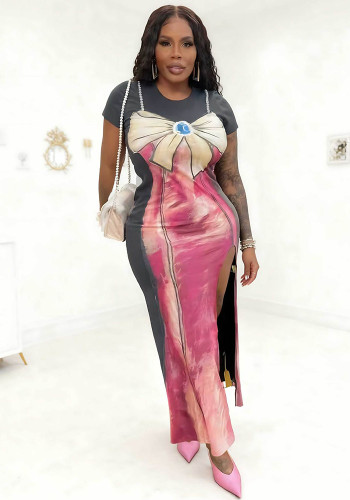 Women Bow Print Short-Sleeve Round Neck Sexy Slit Dress
