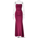 Women Elegant Spaghetti Strap Backless Off Shoulder Bodycon Mermaid Maxi Dress