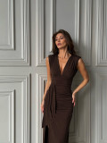 Women Summer Elegant V-Neck Sexy Sleeveless Knitting Slit Dress