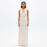 Women Holidays V-Neck Pleated Halter Neck Maxi Dress