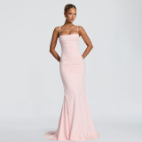 Women Elegant Spaghetti Strap Backless Off Shoulder Bodycon Mermaid Maxi Dress