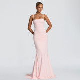 Women Elegant Spaghetti Strap Backless Off Shoulder Bodycon Mermaid Maxi Dress
