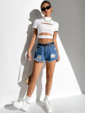 Women High Neck Summer Hollow-Out Knitting Short-Sleeve Top