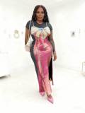 Women Bow Print Short-Sleeve Round Neck Sexy Slit Dress