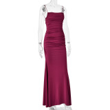 Women Elegant Spaghetti Strap Backless Off Shoulder Bodycon Mermaid Maxi Dress