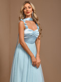 Elegant Halter Neck Patchwork Mesh Pleated Formal Party A-Line Evening Gown