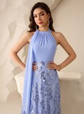 Summer/Fall Halter Neck Ribbon Tie Patchwork Pleated Embroidered A-Line Formal Party Dress