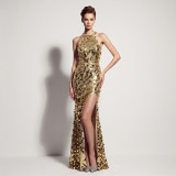 Formal Party Chic Halter Neck Low Back Sequin Split Slim Fit Evening Gown for Bridal
