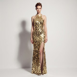 Formal Party Chic Halter Neck Low Back Sequin Split Slim Fit Evening Gown for Bridal