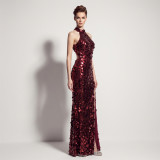 Formal Party Chic Halter Neck Low Back Sequin Split Slim Fit Evening Gown for Bridal