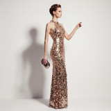 Formal Party Chic Halter Neck Low Back Sequin Split Slim Fit Evening Gown for Bridal