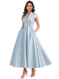 Satin Deep V Slim Waist A-line Formal Party Dress（Processing time need 3-6 days）