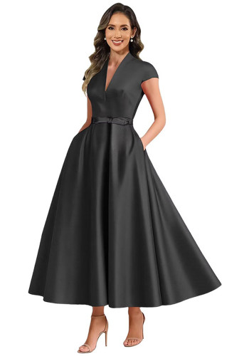 Satin Deep V Slim Waist A-line Formal Party Dress（Processing time need 3-6 days）