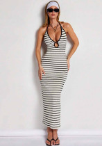 Summer Women's Sexy Slim Fit Color Block Low Back Lace-Up Dress