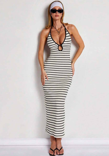 Summer Women's Sexy Slim Fit Color Block Low Back Lace-Up Dress