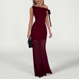 Summer Chic Slash Shoulder Mesh Ribbon Long Dress