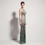 Formal Party Chic Halter Neck Low Back Sequin Split Slim Fit Evening Gown for Bridal