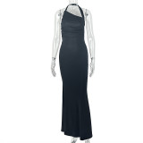 Women's Fashion Low Waist Halter Neck Bodycon Low Back Solid Long Dress