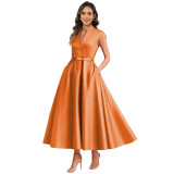 Satin Deep V Slim Waist A-line Formal Party Dress（Processing time need 3-6 days）