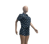 Casual Style Printed Polka Dot Denim Two-Piece Shorts Set
